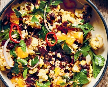 grains with roasted cauliflower, black olives and oranges