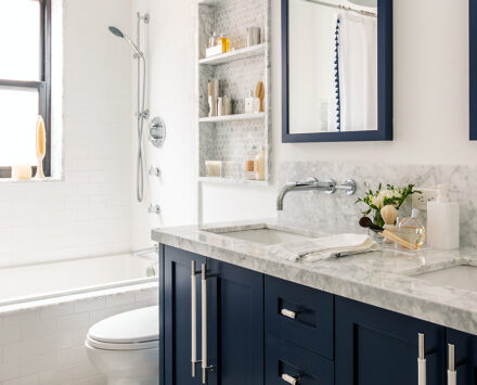colorful bathroom with navy vanity