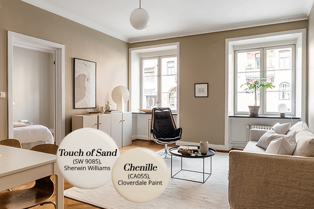 A living room with beige mist paint colours such as "touch of sand" and "chenille".