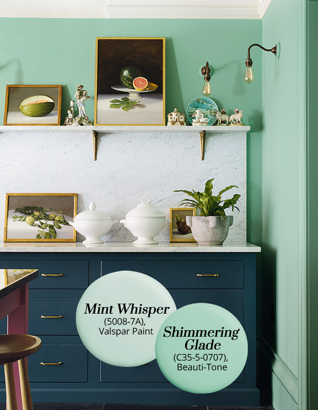A kitchen painted with neo-mint colors like "Mint Whisper" and "Shimmering Glade".