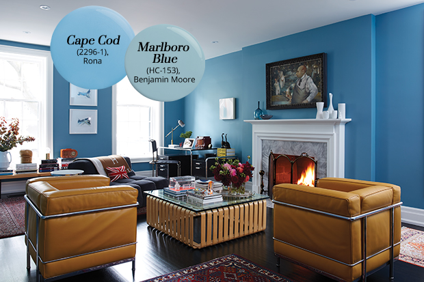 Living room painted with pretty blue colors like "Airy" and "Crisp".
