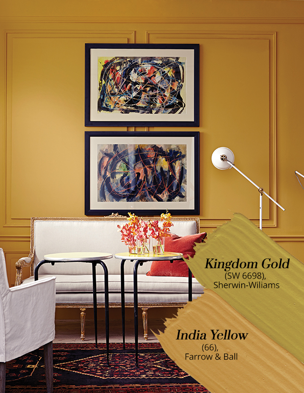 A living room with turmeric paint tones such as "Kingdom Gold" and "India Yellow".