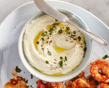 Zesty Whipped Feta Dip in a ramekin bowl