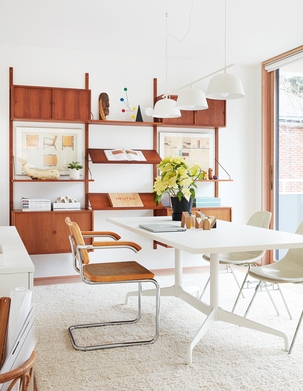 white and wood mid-century modern home office