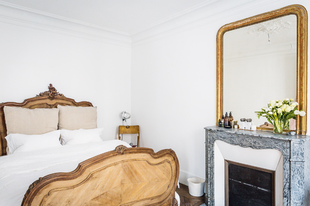 white and wood Parisian bedroom