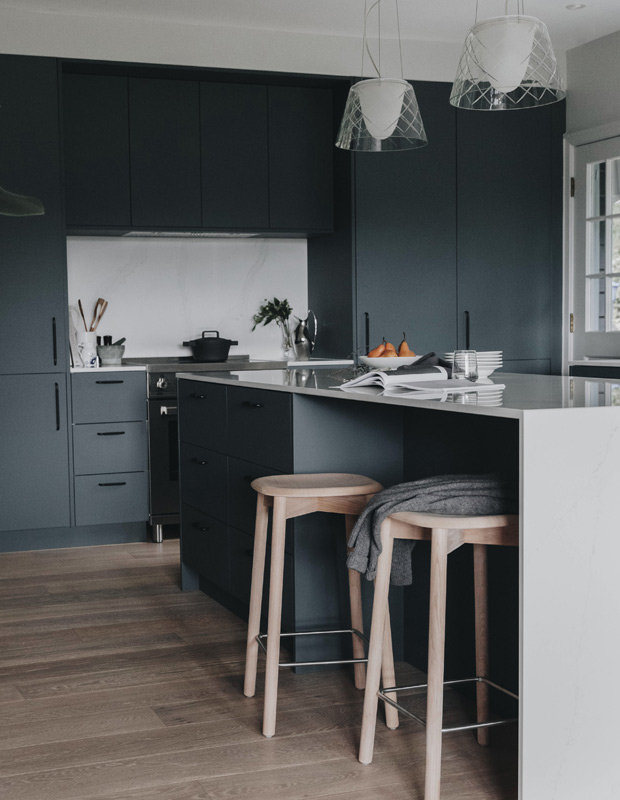moody nordic kitchen bar stools, island and glass lights