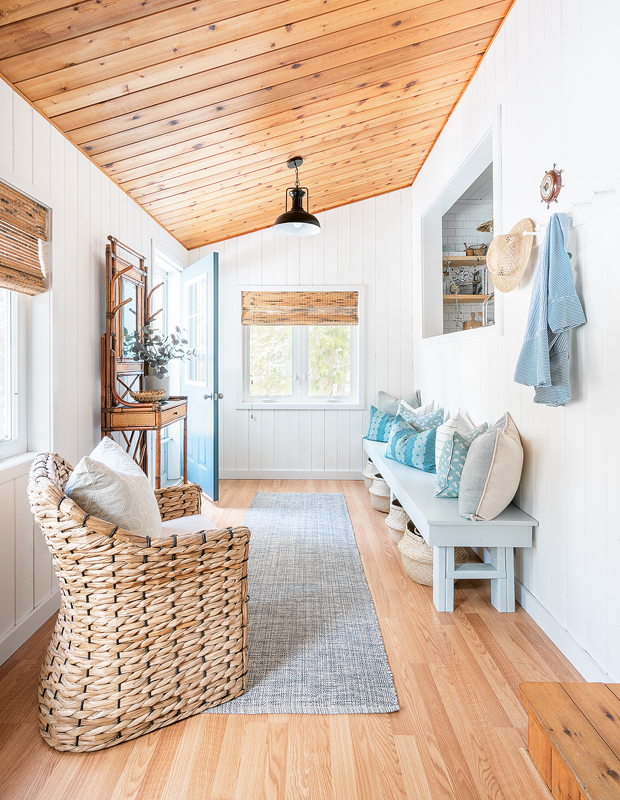 white and wood cottage entryway