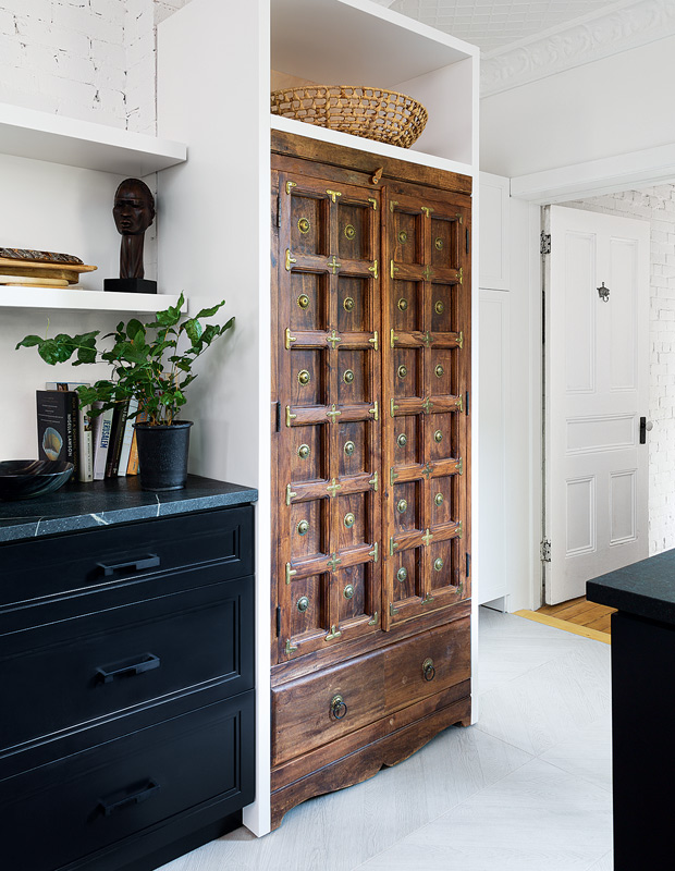 high-contrast kitchen pantry with vintage doors