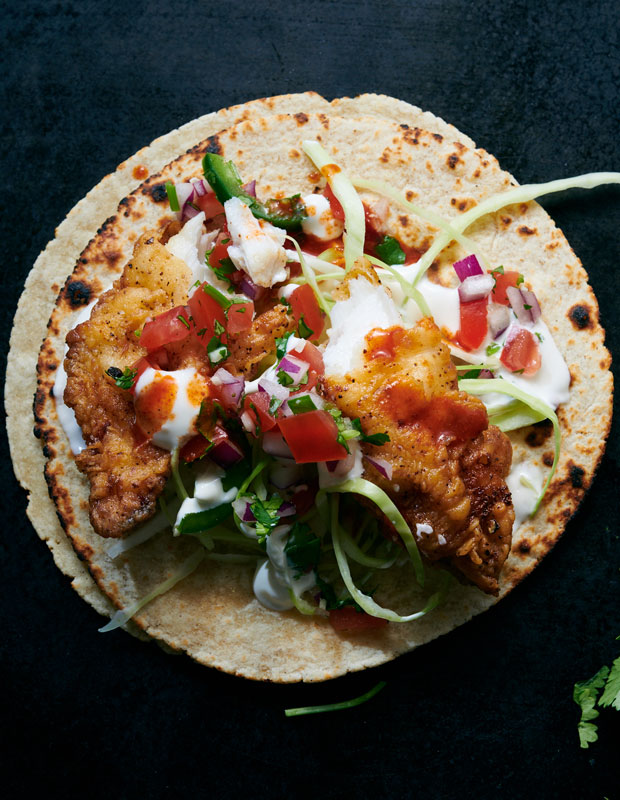 Open-faced fish tacos.