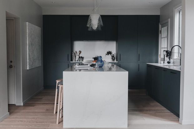 moody nordic kitchen island with dark cabinets