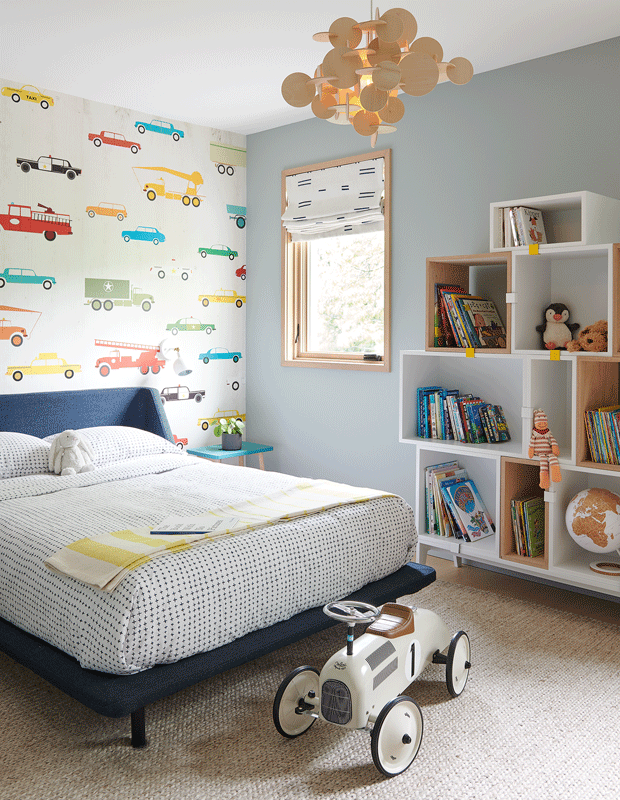 kids' bedroom makeover vehicle wallpaper and built-in shelving