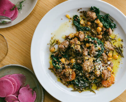 Sausage-braised chickpeas with cavolo nero, parmesan and sourdough breadcrumbs.