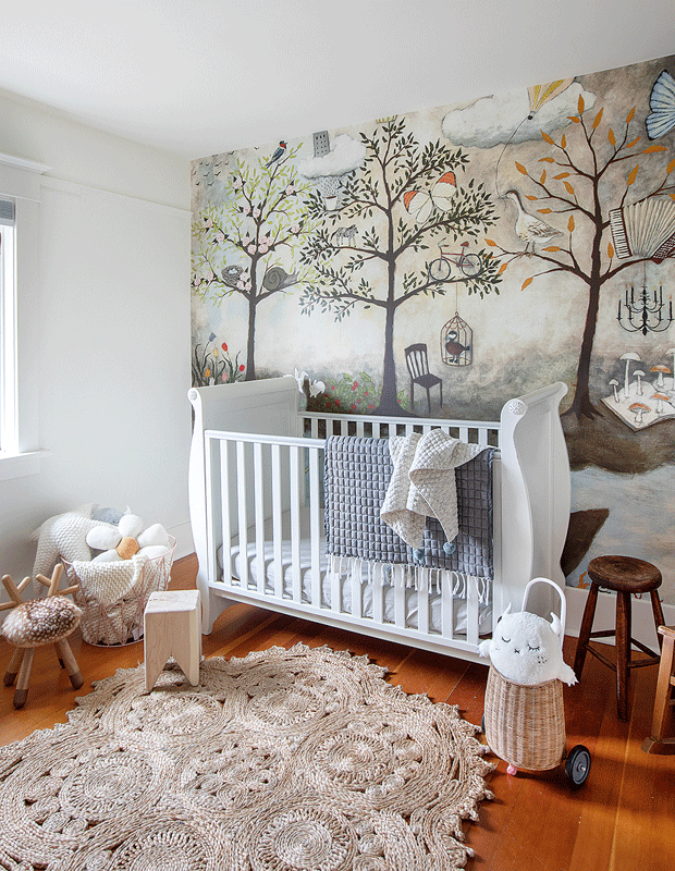 kids' bedroom makeover nursery with whimsical forest wallpaper