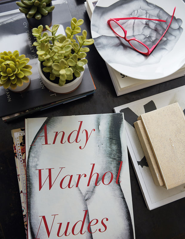 Coffee table with succulents on it and a book of nude art by Andy Warhol.