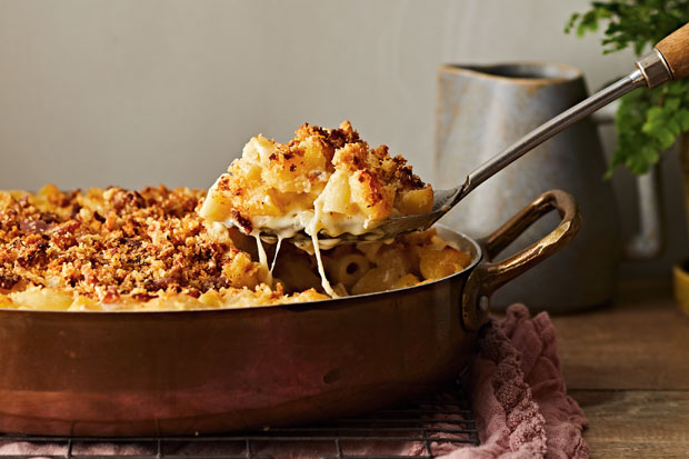 A spoonful of mac and cheese coated with bread crumbs from House & Home's Mac and Cheese Recipe.