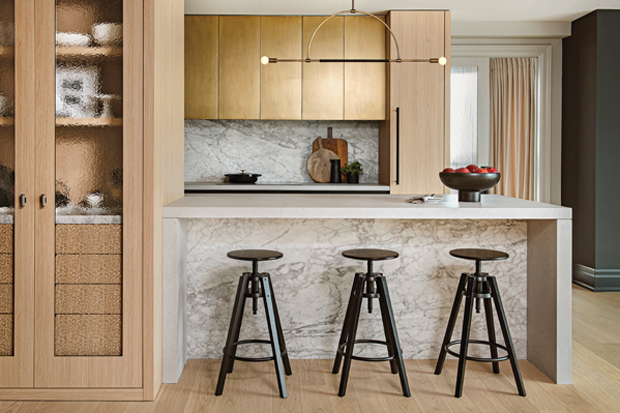 House & Home - Brass Cabinets & A Clever Mix Of Materials Stun In This  Condo Kitchen