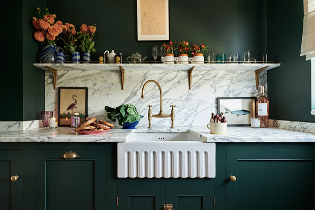 Traditional green country kitchen design with gorgeous soft light