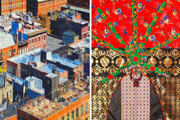 Marilyn Henrion, Rooftops – Greenwich Village, 2020, (cotton on canvas, 61x46cm), and Kh Bamba, Bassari Mask, 2021, (embroidery, cotton on fabric, 125x80cm)