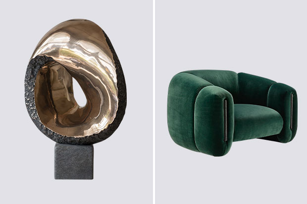 Klaus W Rjeck, Carra, 2022 (bronze and stone, 27(L)x38(H)x15(D) cm) and Salma Furniture, Jaqueline armchair (wood and velvet, 119(L)x80(H)x92(D)cm)