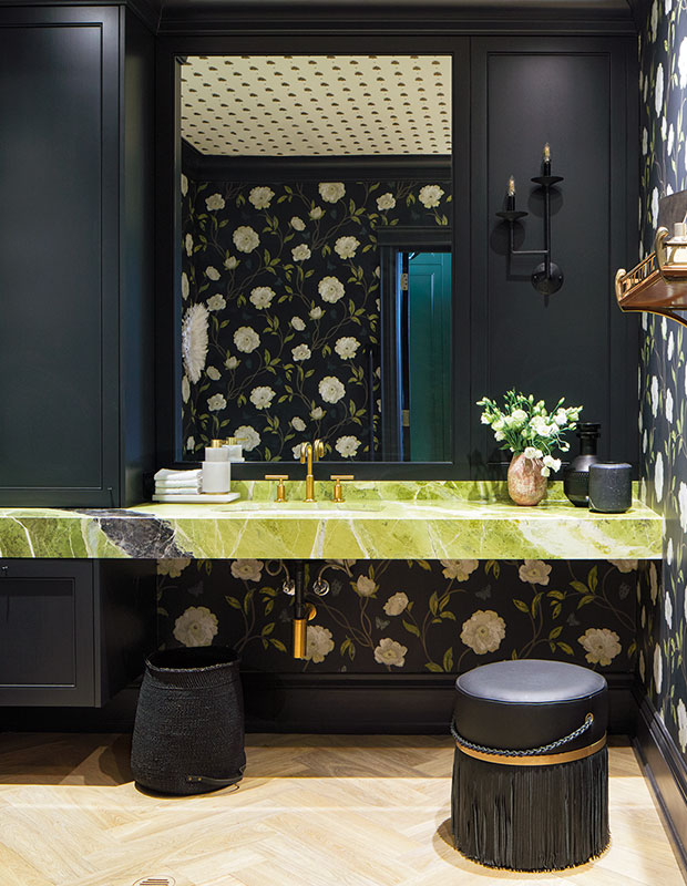 powder room with ceiling wallpaper