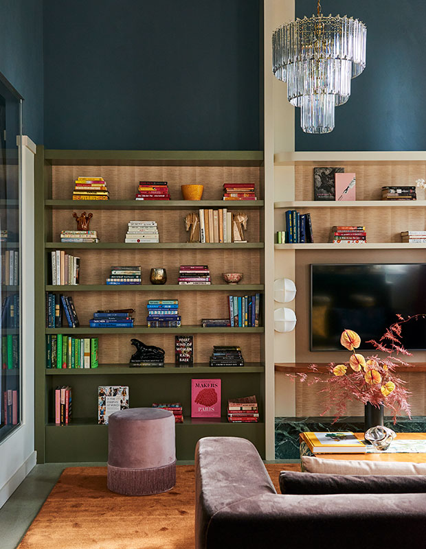 colorful living room with bookshelf
