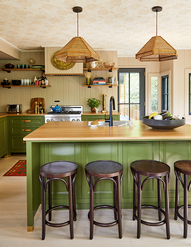 green kitchen with ceiling wallpaper