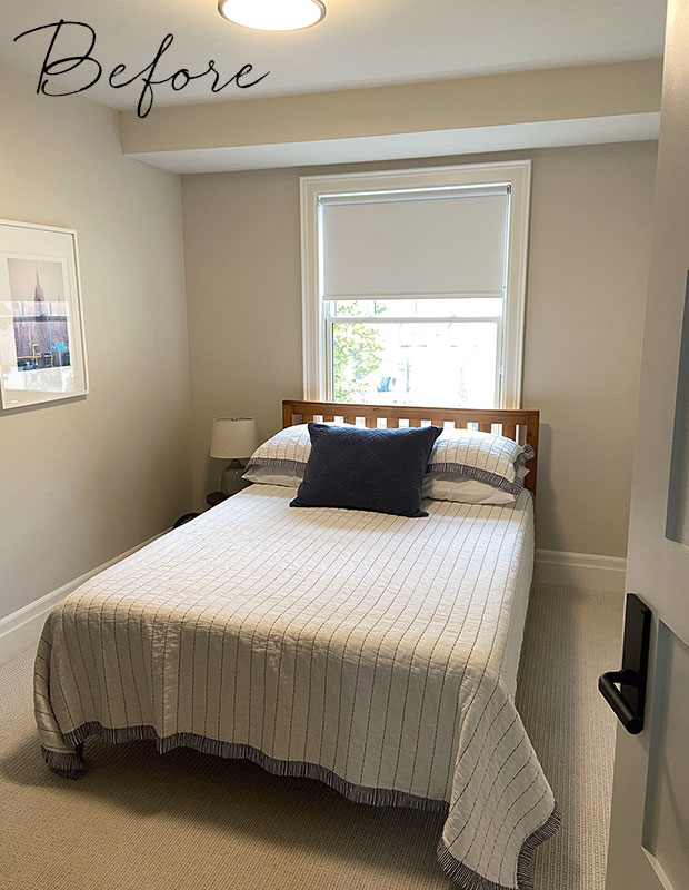 Before: A bland bedroom with grey walls and a double bed with a simple grey striped comforter. modern heritage townhouse