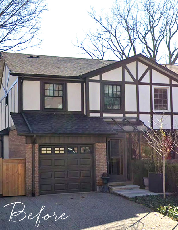 Before: A tudor style home with white walls and dark brown detailing on the second level, faded red brick on the first, and black detailing and decor around it. modern heritage townhouse
