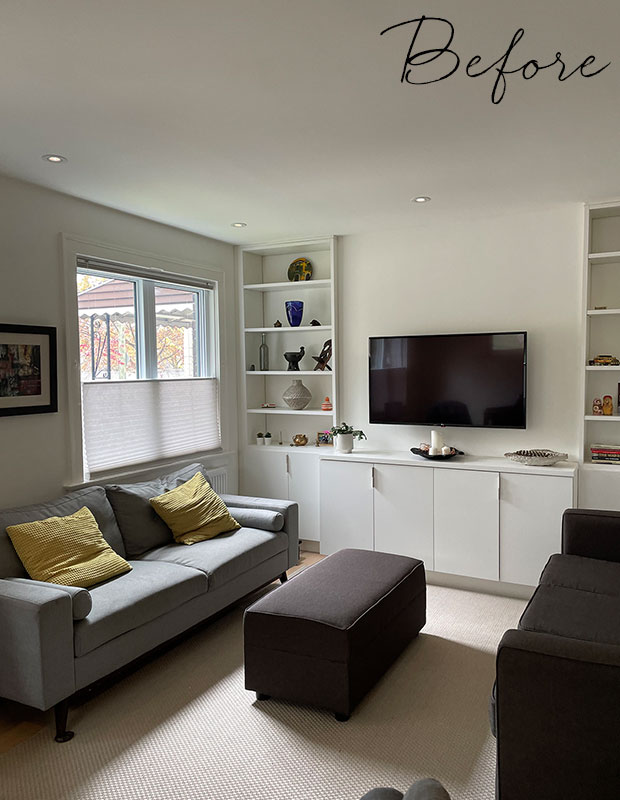 Before: A clean but bland living room in mostly whites. little italy home renovation