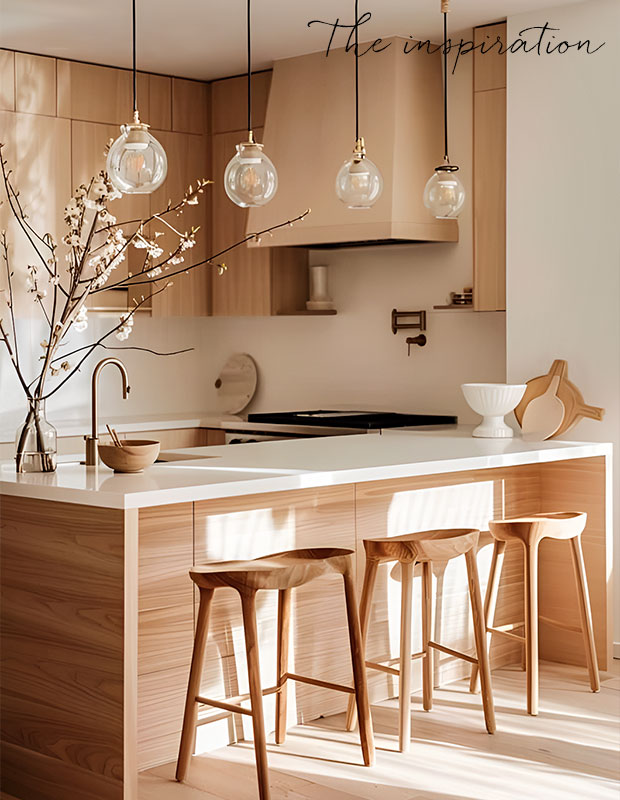 Image labeled inspiration: A blonde wood cabinets and island, with matching chairs. An off-white counter and white walls. kitchen design advice