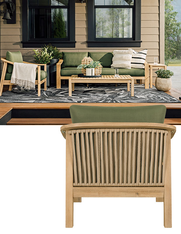 An image of a green and light wood chair, layered behind it is a second image of the chair on a patio with a patio set. sustainable summer accents.