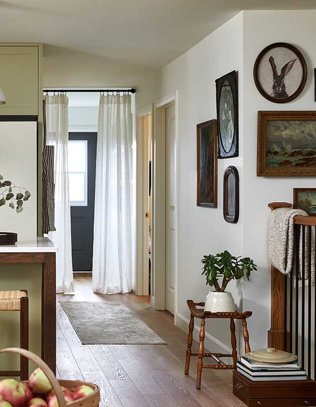 A light hallway divided by a white curtain leading to a door. the hallway is accentuated with dark wood and plants, and the green painted cabinets and walls of the kitchen peek through on the left. Morrisburg budget reno. stylish budget reno