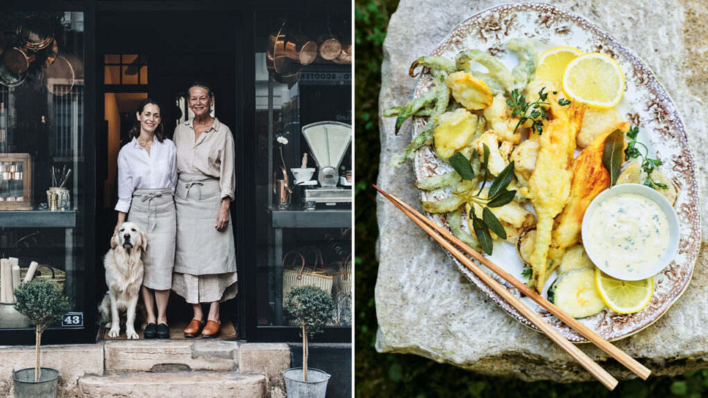 Left: A mother and daughter stand together wiht a furry white dog in the doorway of a shop/restaurant front. Right: An image of tempura style fried vegetables including zucchini, green beans, summer squash. garnished with limes and served with chopsticks and a creamy dip. Summer Légumes Frites. Classic French Recipes.
