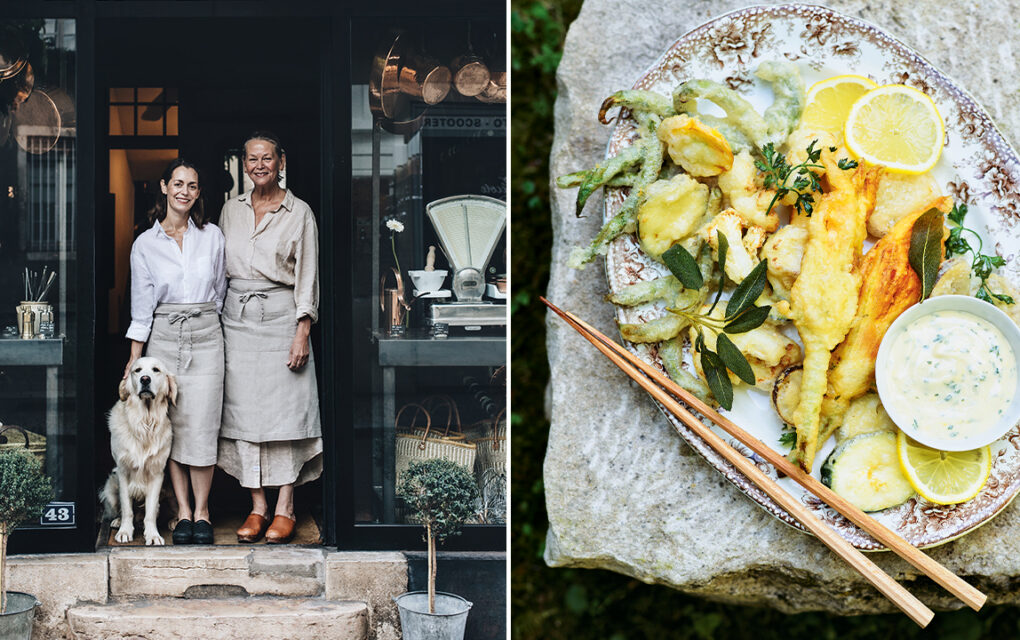 Left: A mother and daughter stand together wiht a furry white dog in the doorway of a shop/restaurant front. Right: An image of tempura style fried vegetables including zucchini, green beans, summer squash. garnished with limes and served with chopsticks and a creamy dip. Summer Légumes Frites. Classic French Recipes.