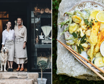 Left: A mother and daughter stand together wiht a furry white dog in the doorway of a shop/restaurant front. Right: An image of tempura style fried vegetables including zucchini, green beans, summer squash. garnished with limes and served with chopsticks and a creamy dip. Summer Légumes Frites. Classic French Recipes.