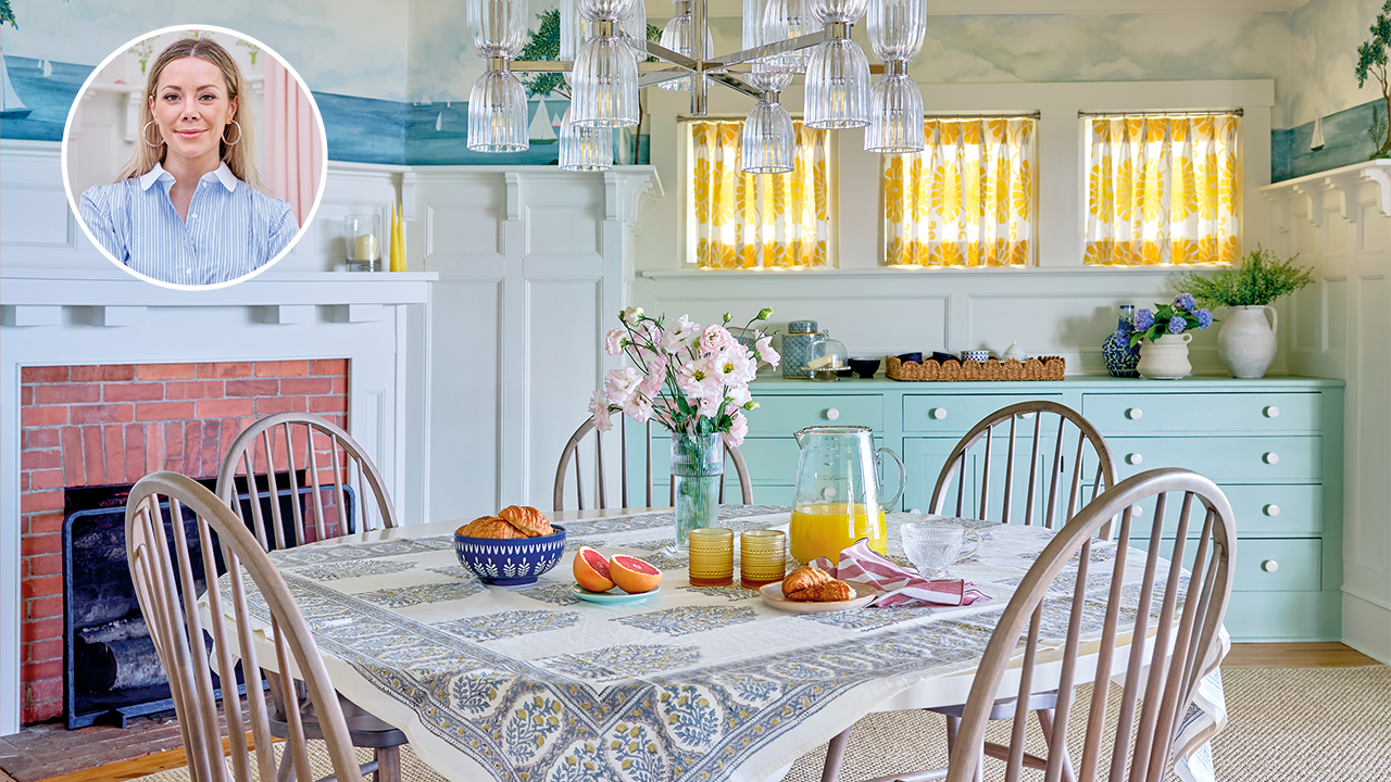 An image of a light kitchen/dining room with teal and yellow accents and an exposed brick fireplace. In the corner is a bubble picture featuring a blonde caucasian woman (designer Victoria Armour) home makeover projects