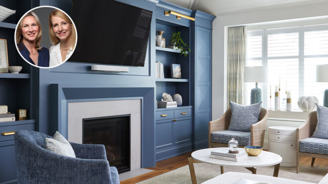 A blue-walled living room with clean white lines and blue patterned cushions chairs. In the corner of a bubble image of two blonde caucasian women (designers Feasby and Bleeks) home makeover projects
