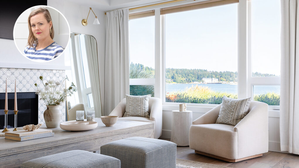 A light, airy room with an ocean view and light neutral furniture. A bubble image in the corner contains a caucasian woman with blonde hair (designer Alana Dick) home makeover projects