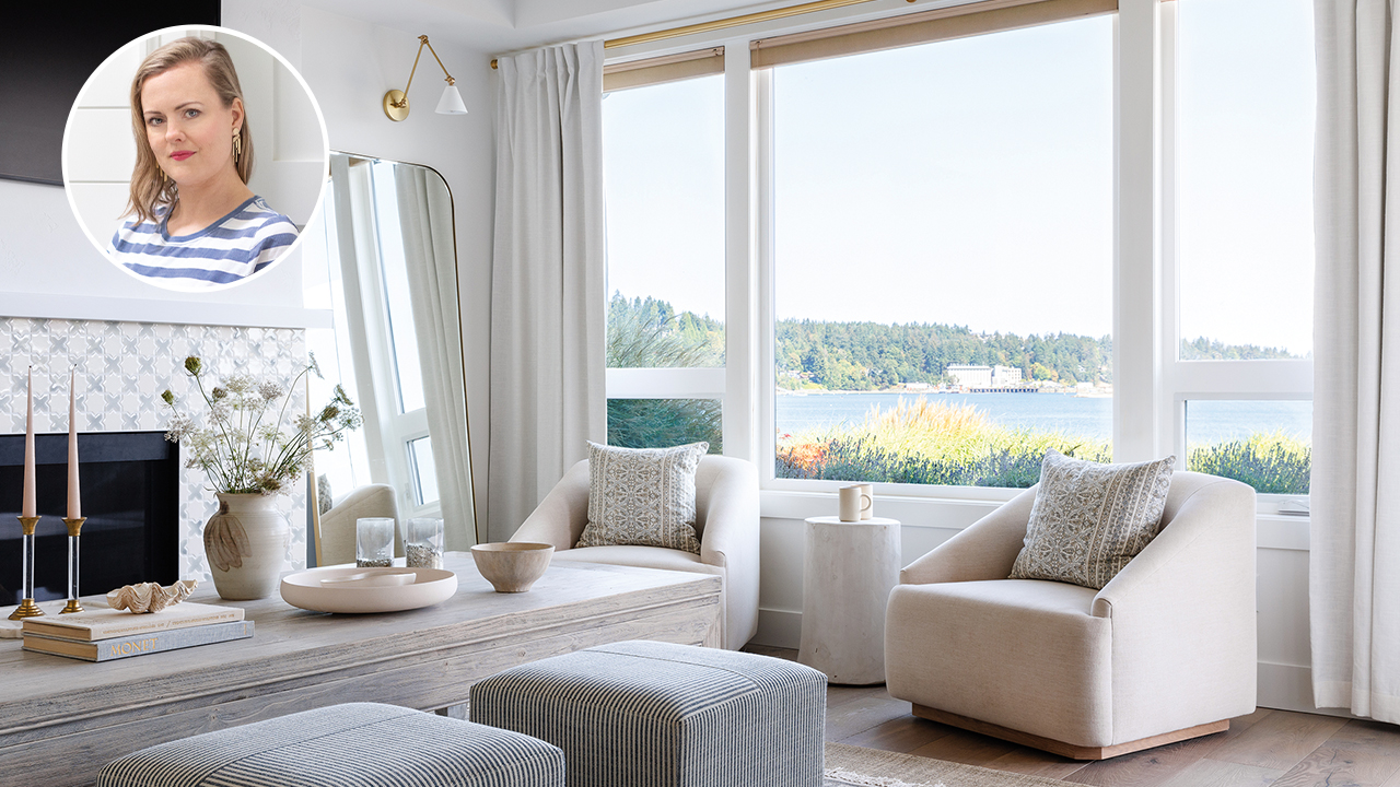 A light, airy room with an ocean view and light neutral furniture. A bubble image in the corner contains a caucasian woman with blonde hair (designer Alana Dick) home makeover projects