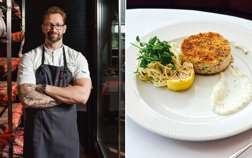 Left: Chef Morgan Bellis stands facing the camera in an apron. Right: a plate with a crab cake and a small portion of slaw on the side. Bellis Crab Cake