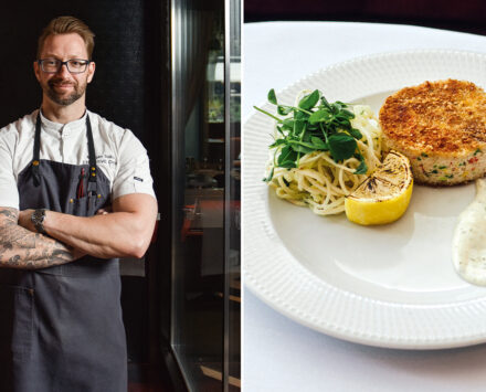 Left: Chef Morgan Bellis stands facing the camera in an apron. Right: a plate with a crab cake and a small portion of slaw on the side. Bellis Crab Cake