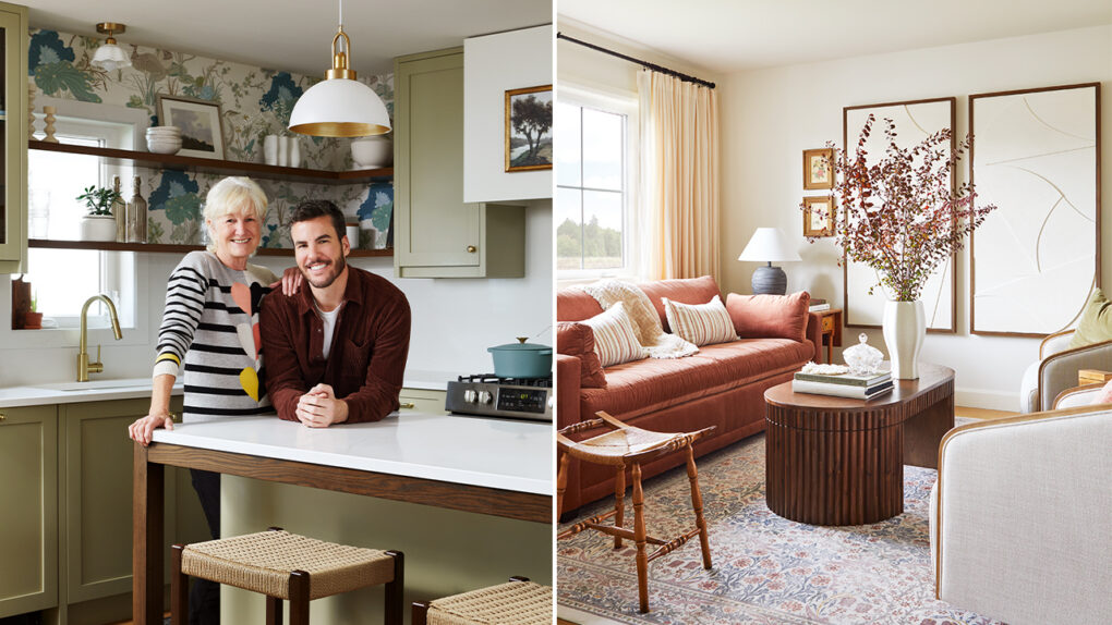 A split image: right: Designer Brian McCourt and his mother stand in her new kitchen. It is primarily a muted gree, with dark wood accents (shelves, stools, island) and gold and white accents. A floral wallpaper is behind the shelves above the sink. The top and bottom cabinets are muted green. Left: A warm living room with orange couch, wooden coffee table with vintage rounded features, a large set of abstract paintings on the walls, a vintage floral rug lining the floor, and antique stool. Morrisburg budget reno.