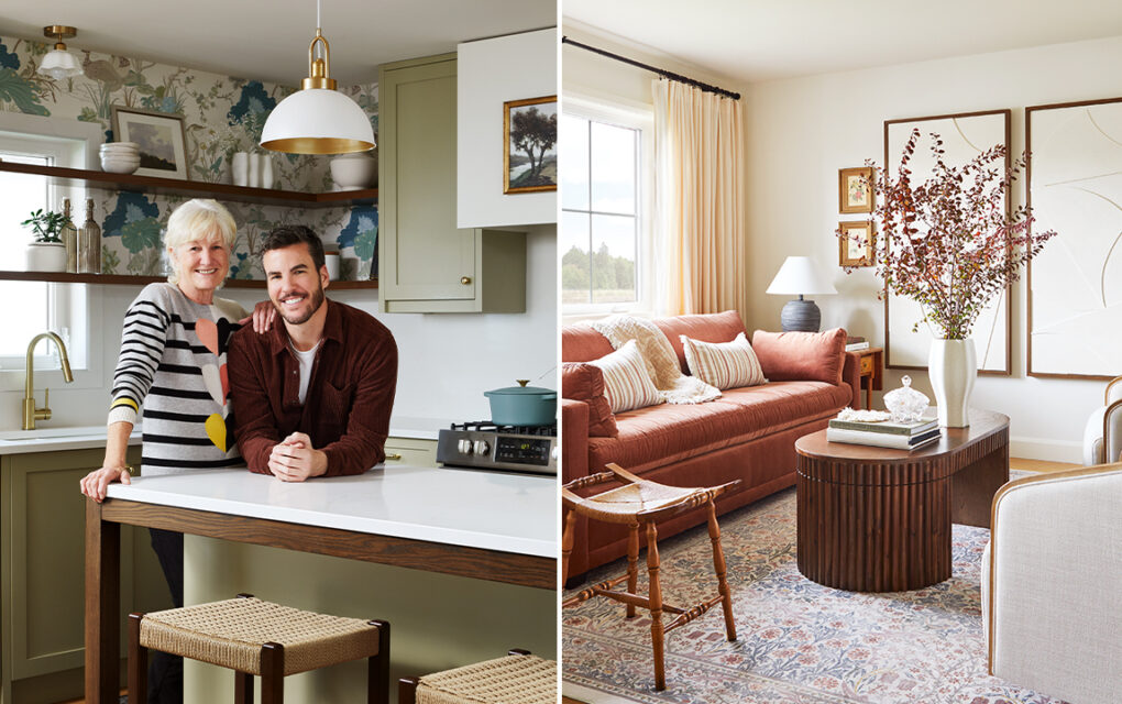A split image: right: Designer Brian McCourt and his mother stand in her new kitchen. It is primarily a muted gree, with dark wood accents (shelves, stools, island) and gold and white accents. A floral wallpaper is behind the shelves above the sink. The top and bottom cabinets are muted green. Left: A warm living room with orange couch, wooden coffee table with vintage rounded features, a large set of abstract paintings on the walls, a vintage floral rug lining the floor, and antique stool. Morrisburg budget reno.