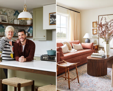 A split image: right: Designer Brian McCourt and his mother stand in her new kitchen. It is primarily a muted gree, with dark wood accents (shelves, stools, island) and gold and white accents. A floral wallpaper is behind the shelves above the sink. The top and bottom cabinets are muted green. Left: A warm living room with orange couch, wooden coffee table with vintage rounded features, a large set of abstract paintings on the walls, a vintage floral rug lining the floor, and antique stool. Morrisburg budget reno.