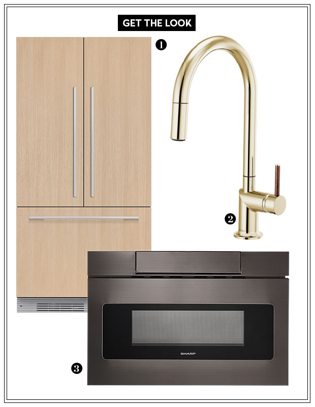A product collage showcasing three items: 1. a blonde wood double-doored fridge. 2. A white gold faucet. 3. A black built-in microwave kitchen design advice