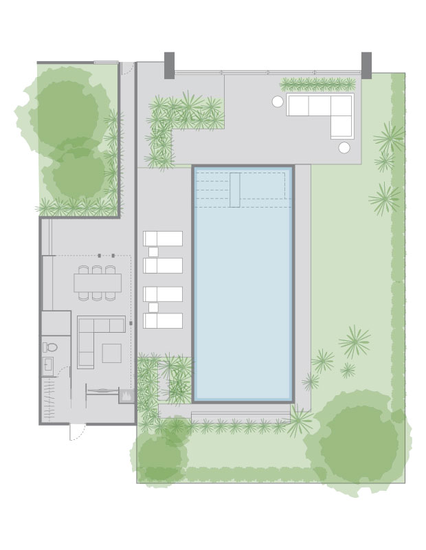 A backyard layout with a large pool house on the left, pool in the middle, and a grassy section on the right. unique backyard pools