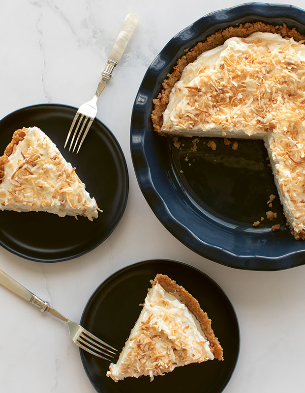 Overhead shot of slices of coconut cream pie.