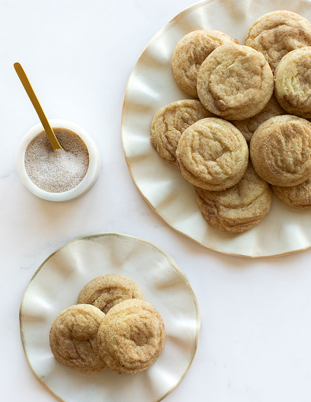 Two plates of golden snickerdoodle cookies. Snickerdoodle cookie recipe.