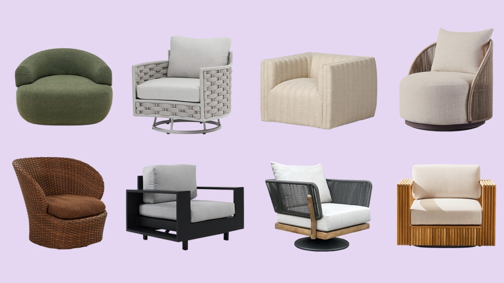 A collage of several outdoor swivel chairs.