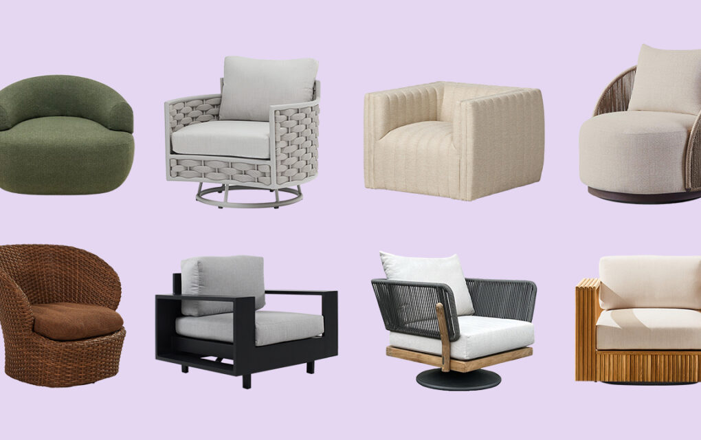 A collage of several outdoor swivel chairs.